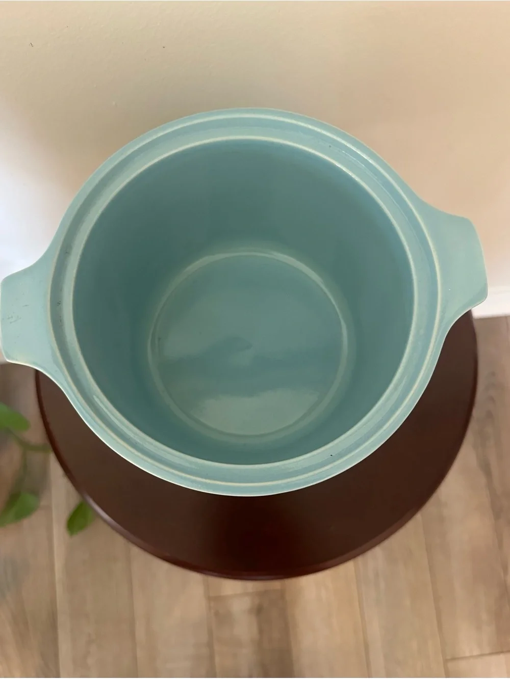 Ceramic Covered Casserole Bean Pot in Aqua with Blue Floral Motif Cronin
